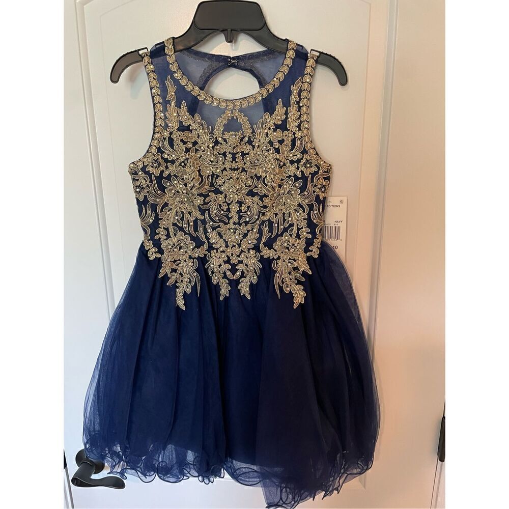 Rare Editions Girl's Mesh Embroidered Floral Sleeveless Dress Blue Gold Size 10